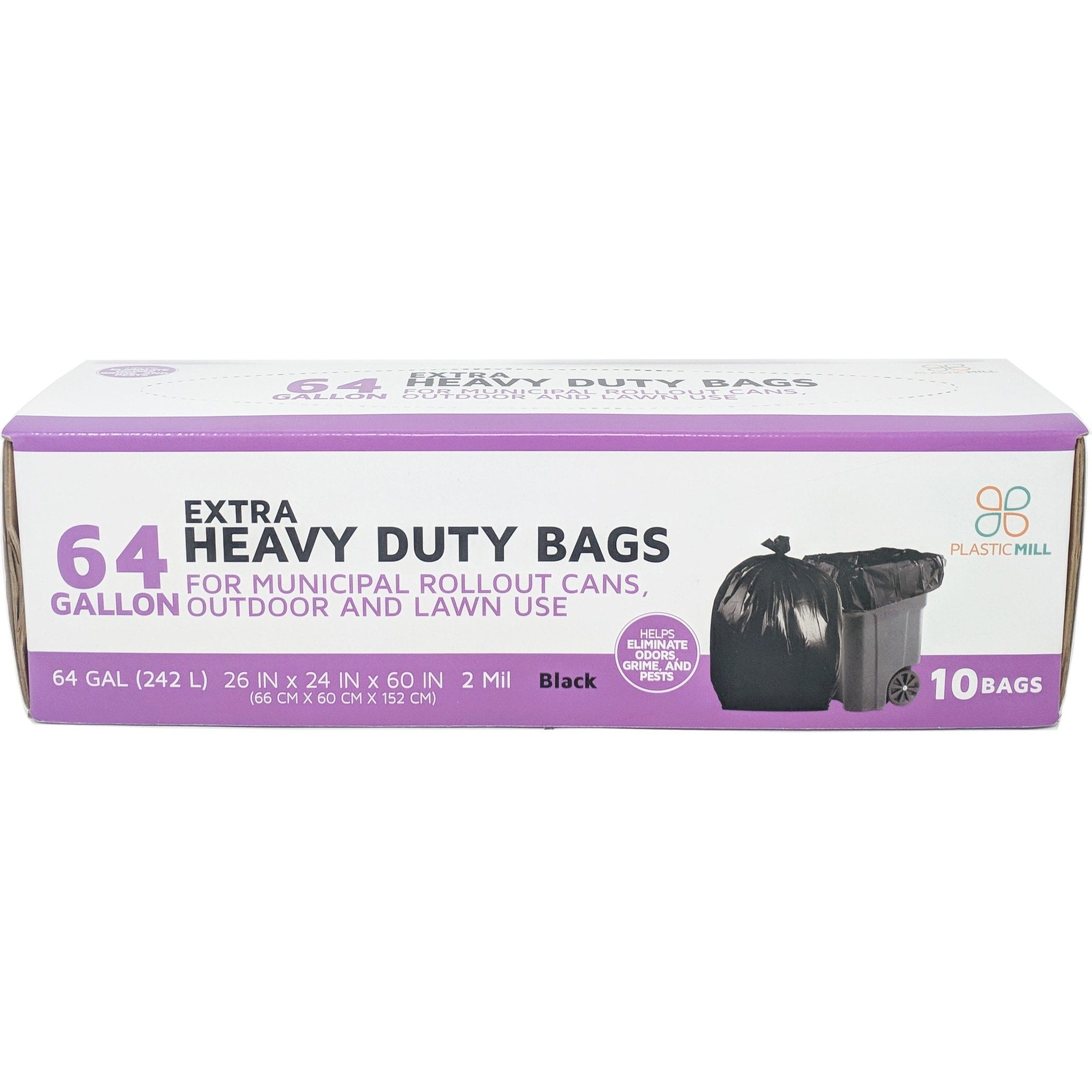 PlasticMill 64 Gallon, Black, 2 Mil, 50x60, 10 Bags/Case, Heavy Duty, Garbage Bags / Trash Can Liners.