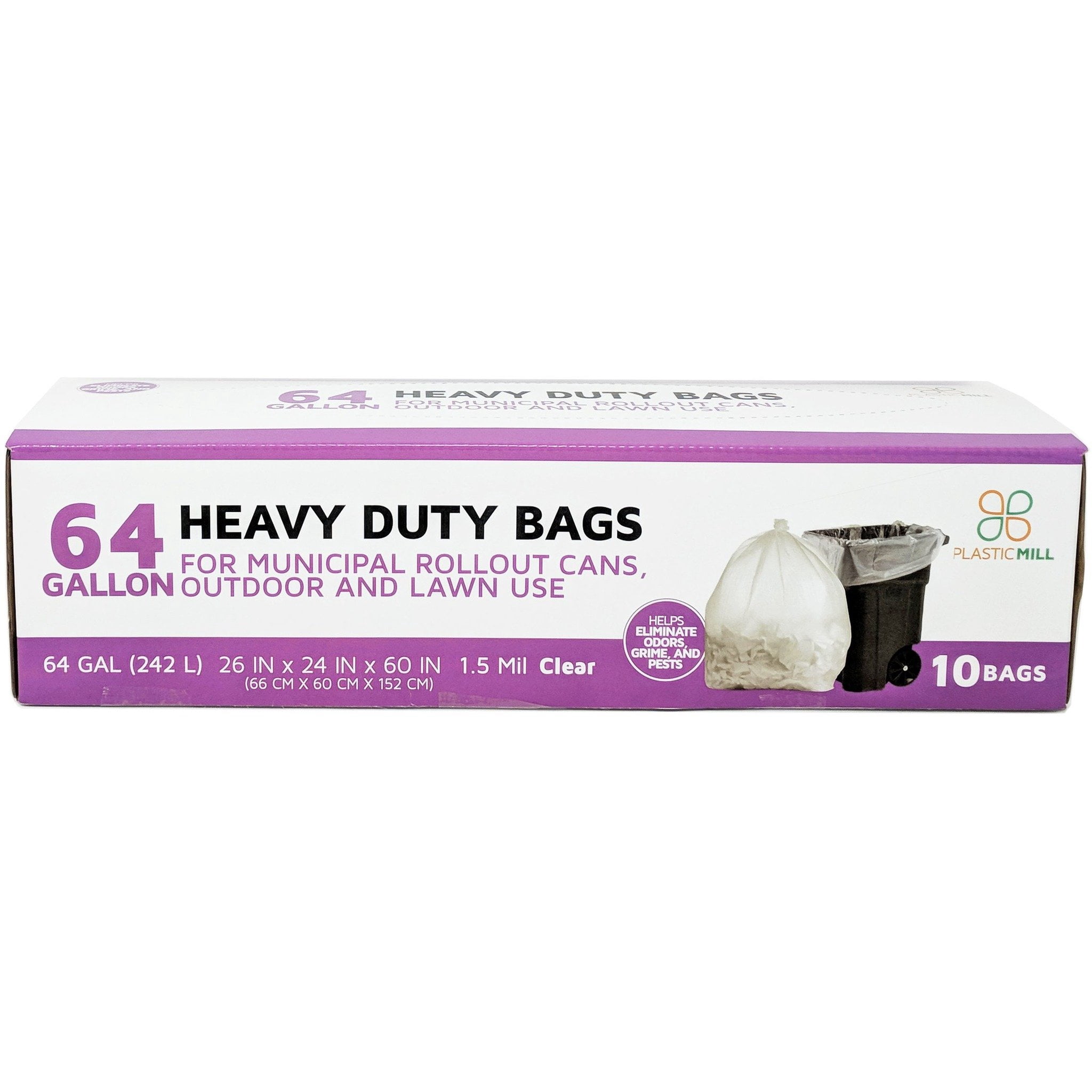 PlasticMill 64 Gallon, Clear, 1.5 Mil, 50x60, 10 Bags/Case, Garbage Bags / Trash Can Liners.