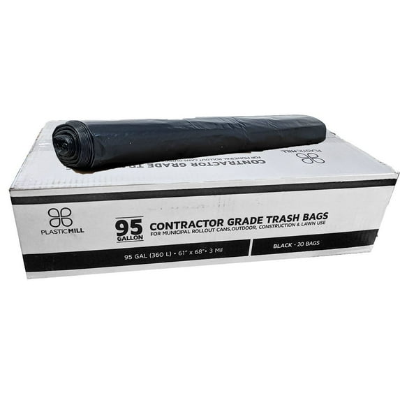 PlasticMill 95 Gallon, Black, 3 Mil, 61x68, 20 Bags/Case, Ultra Heavy Duty, Garbage Bags / Trash Can Liners / Contractor Bags.