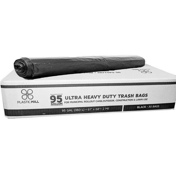PlasticMill 95 Gallon, Black, 3 Mil, 61x68, 25 Bags/Case, Ultra Heavy Duty, Garbage Bags / Trash Can Liners / Contractor Bags.