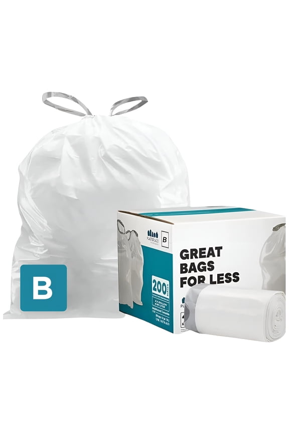 Trash Bags, Compatible with simplehuman Code B (200 Count) White Drawstring Garbage Liners 1.6 Gallon / 6 Liter, 12.5" x 15.5"