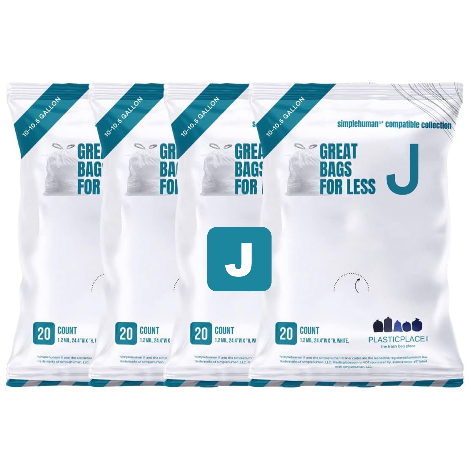 Plasticplace Custom Fit Trash Bags, Compatible with simplehuman Code J Packs, White Drawstring Garbage Liners 10-10.5 Gallon, 21'' x 28'' (20 Count/5 Pack)