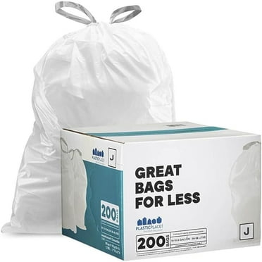 Plasticplace 10-10.5 Gallon Drawstring White Trash Bags Compatible with simplehuman Code J, 200 Count