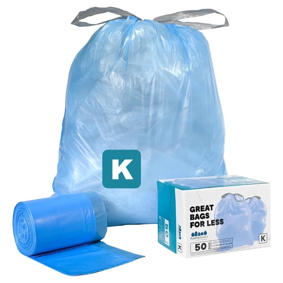 Plasticplace Custom Fit Trash Bags, Compatible with simplehuman Code K (50 Count) Tinted Blue Drawstring Garbage Liners 10 Gallon / 38 Liters, 24" x 28"