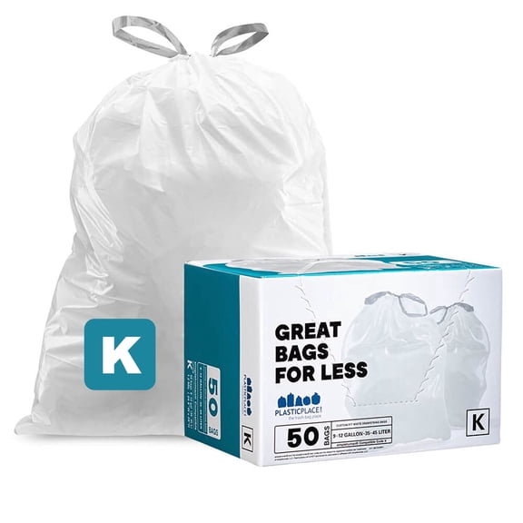 Plasticplace Drawstring Trash Bags, Compatible with simplehuman Code K, 10 Gallon, White Drawstring Garbage Bags, Tear-Resistant, 24" x 28", 50 Count, 1.2 Mil