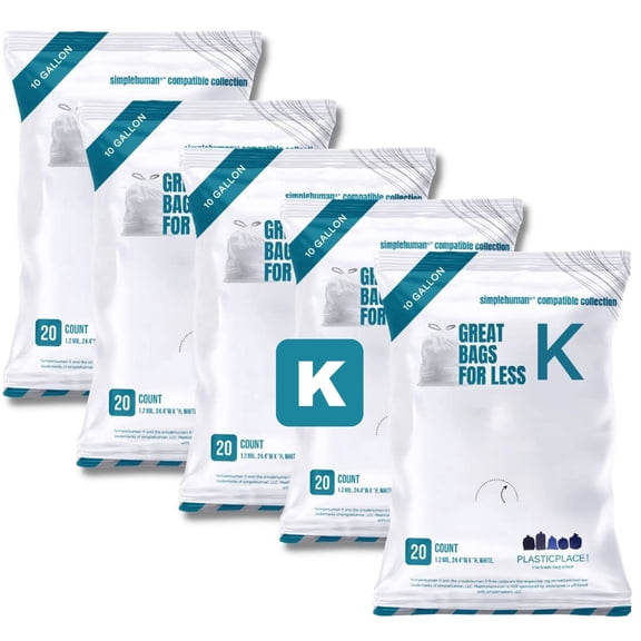 Plasticplace Drawstring Trash Bags, Compatible with simplehuman Code K Packs, White Drawstring Garbage Liners 10 Gallon, 24'' x 28'' (20 Count/5 Pack)