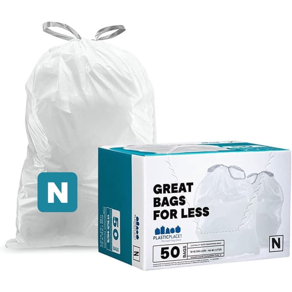 Plasticplace Custom Fit Trash Bags, Compatible with simplehuman Code N (50 Count) White Drawstring Garbage Liners 12-13 Gallon / 45-50 Liters, 22.5" x 31.5"