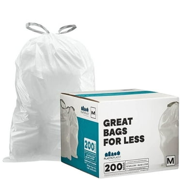 Plasticplace Custom Fit Trash Bags Compatible with Simplehuman Code M 12 Gallon Drawstring Garbage Bags 200 Count Tear-Resistant Trash Can Liners for Kitchen and Office 1.2 Mil White 21" x 30.5"