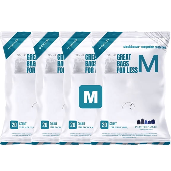 Plasticplace Drawstring Trash Bags, Compatible with simplehuman Code M Packs, White Drawstring Garbage Liners 12 Gallon / 45 Liter, 21" x 30.5" (20 Count/5 Pack)