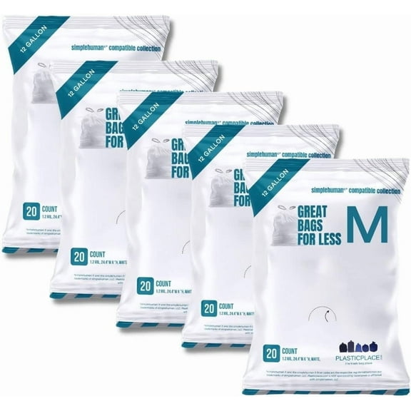 Plasticplace Trash Bags Compatible with simplehuman Code M Packs, White Drawstring Garbage Liners 12 Gallon / 45 Liter, 21" x 30.5" (20 Count/5 Pack)