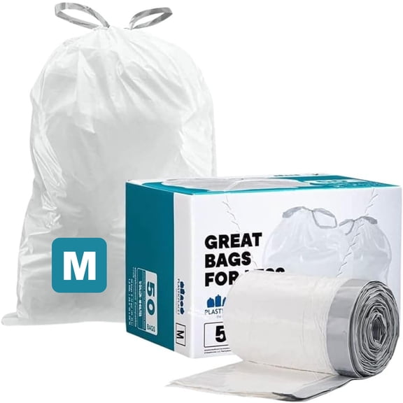 Plasticplace Custom Fit Trash Bags, Compatible with simplehuman Code M (50 Count) White Drawstring Garbage Liners 12 Gallon / 45 Liters, 21" x 30.5"