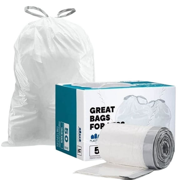 Plasticplace Custom Fit Trash Bags, Compatible with simplehuman Code M (50 Count) White Drawstring Garbage Liners 12 Gallon / 45 Liters, 21" x 30.5"