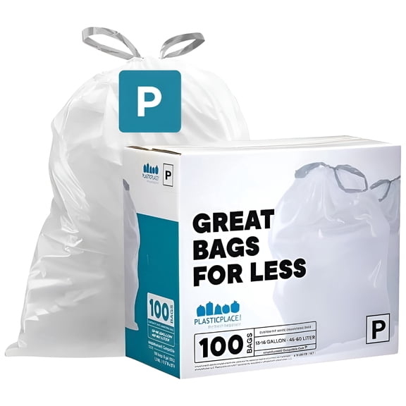 Plasticplace Drawstring Trash Bags, Compatible with simplehuman Code P (100 Count), White Drawstring Garbage Bags, 13-16 Gallon, Thick Tear-Resistant Strong & Durable, 23.5" x 31.5" Trashbags 1.2 Mil