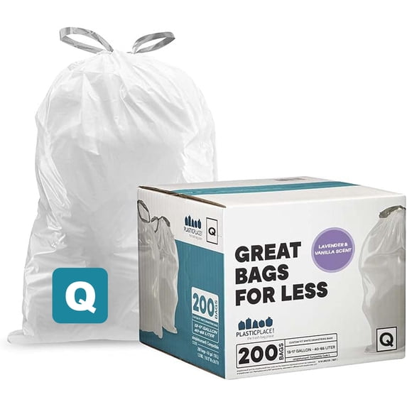 Plasticplace Custom Fit Trash Bags Compatible with simplehuman Code Q (200 Count) Drawstring Garbage Bags 13-17 Gallon White, Tear-Resistant Tall Kitchen Trash Bags for Garbage Cans Recycling 1.2 Mil