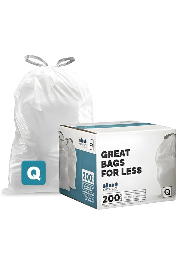 Custom Fit Trash Bags Compatible with simplehuman Code Q (200 Count) Drawstring Garbage Bags 13-17 Gallon White, Tear-Resistant Tall Kitchen Trash Bags for Garbage Cans Recycling 1.2 Mil