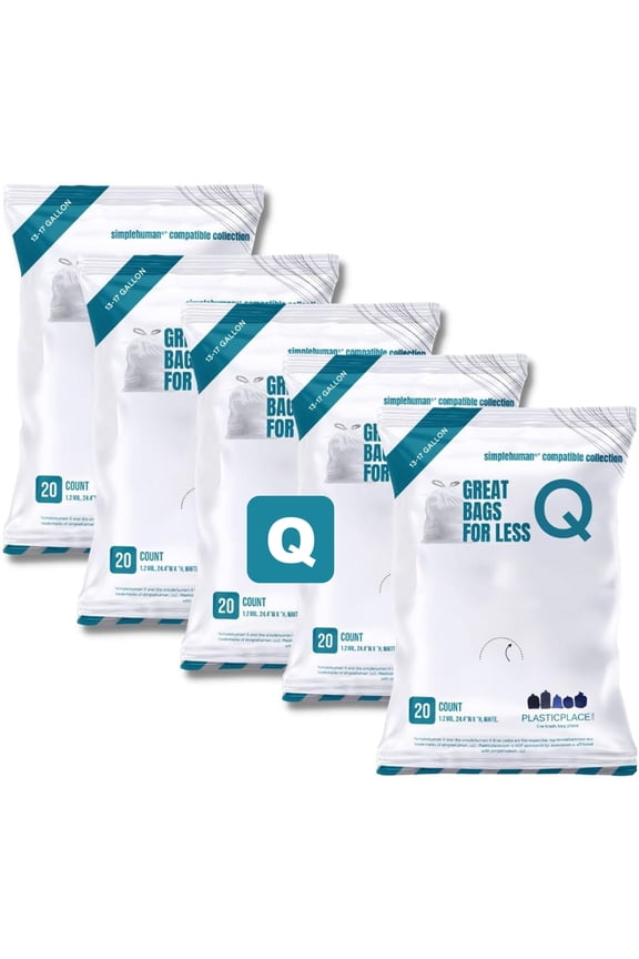 Trash Bags, Compatible with simplehuman Code Q Packs, White Drawstring Garbage Liners,13-17 Gallon, 25" x 32.5" (20 Count/5 Pack)