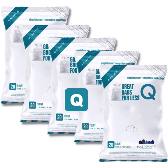 Plasticplace Drawstring Trash Bags, Compatible with simplehuman Code Q Packs, White Drawstring Garbage Liners,13-17 Gallon, 25" x 32.5" (20 Count/5 Pack)