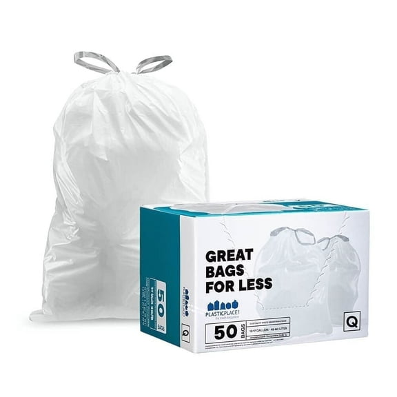 Plasticplace Custom Fit Trash Bags, Compatible with Simplehuman Code Q (50 Count), 13-17 Gallon White Drawstring Garbage Liners, Heavy Duty Tear-Resistant, 1.2 Mil, 25" x 32.5"