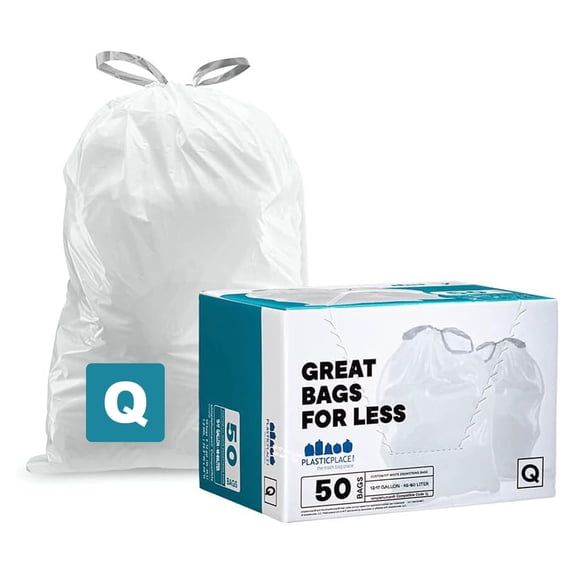 Plasticplace Custom Fit Trash Bags, Compatible with Simplehuman Code Q (50 Count), 13-17 Gallon White Drawstring Garbage Liners, Heavy Duty Tear-Resistant, 1.2 Mil, 25" x 32.5"