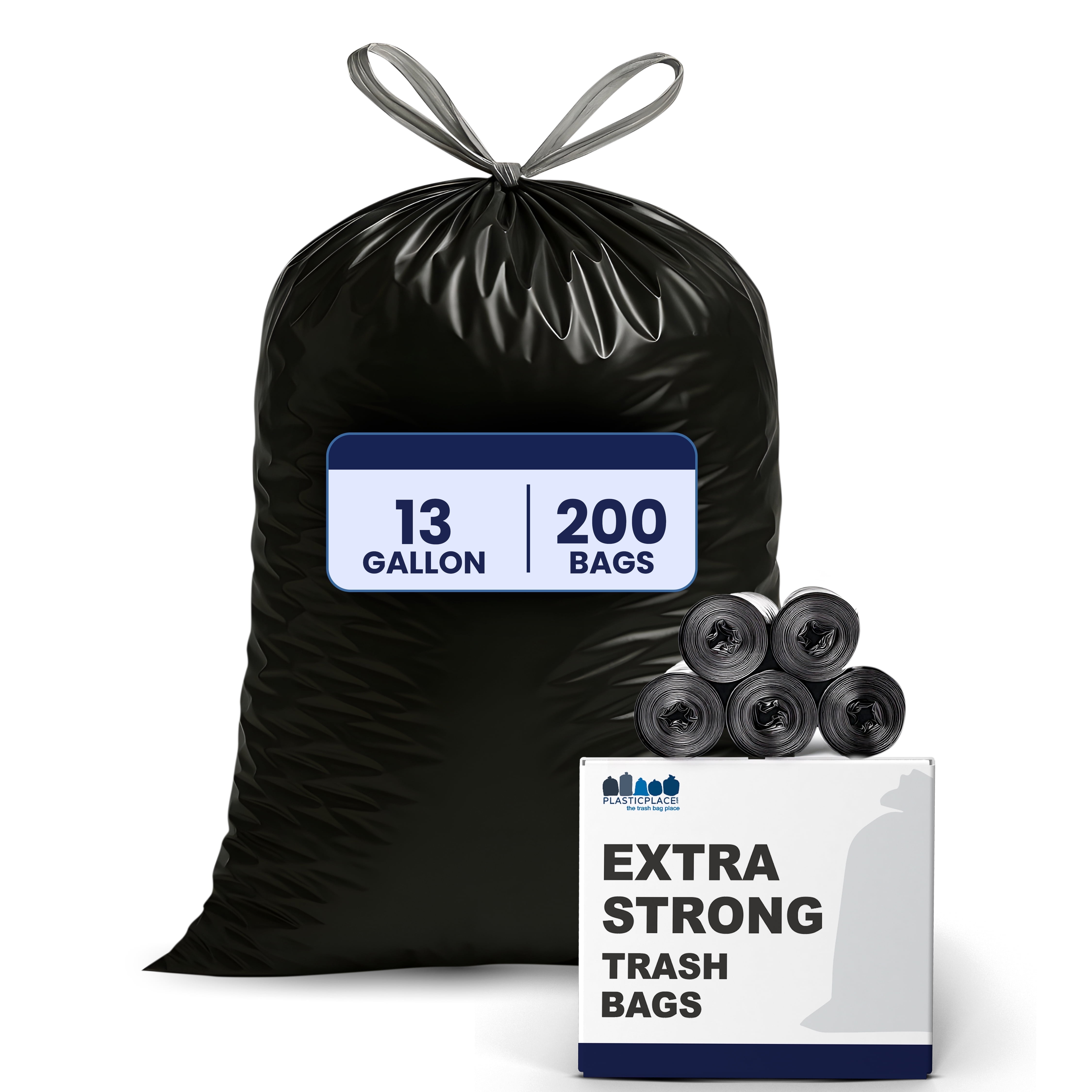 Plasticplace 13 Gallon Extra Tall Drawstring Kitchen Trash Bags | Black 1.2 Mil, 24"W x 31"H (200 Count)