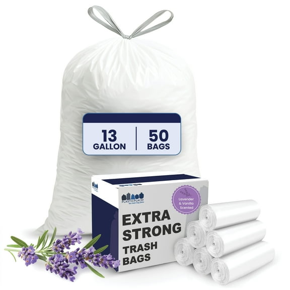 Plasticplace 13 Gallon Trash Bags  1.2 Mil  White Drawstring Garbage Can Liners  24" x 31" (50 Count)