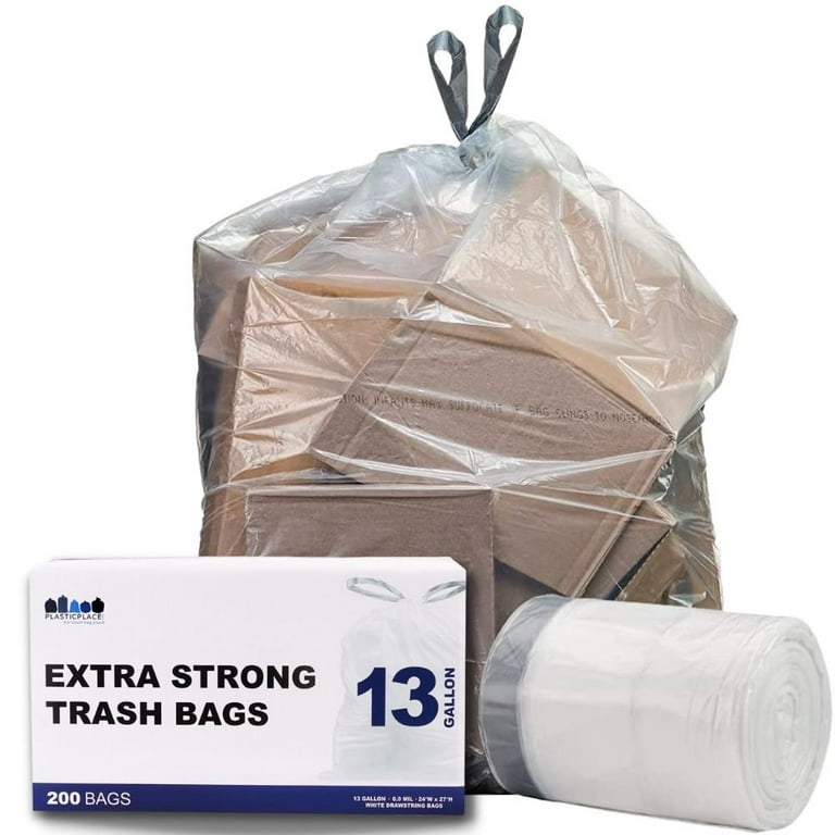 Plasticplace 13 Gallon Extra Tall Drawstring Trash Bags, 200 Count, Clear