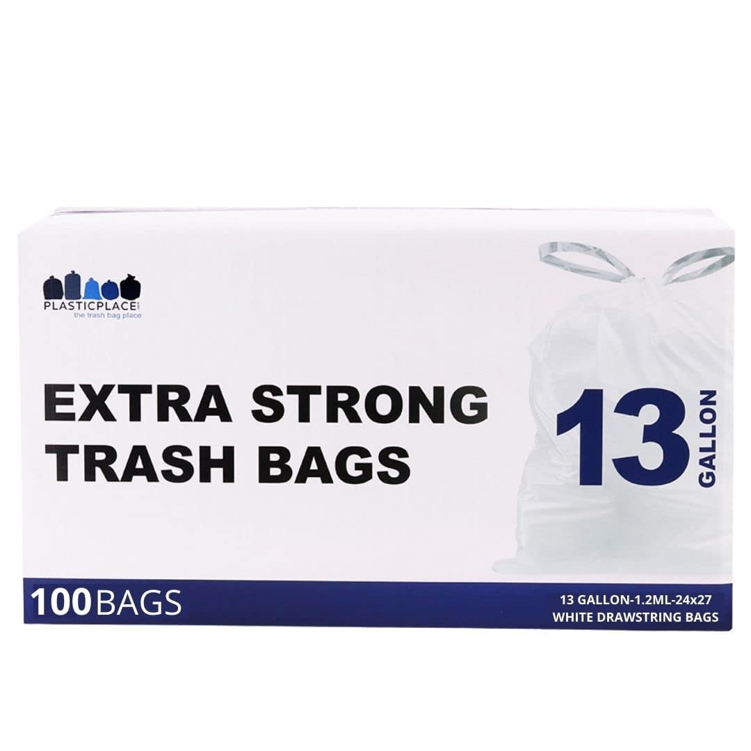 Plasticplace 13 Gallon White Trash Bags, 1.2 Mil, 24"x27'' (100 Count