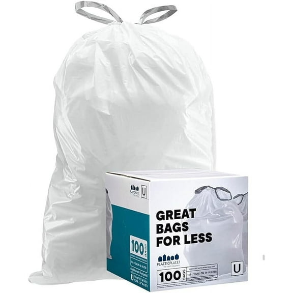 Plasticplace Custom Fit Trash Bags,Compatible withsimplehuman Code U (100 Count) White Drawstring Garbage Liners 14.5-21 Gallon/ 55-80 Liter 26.5" x 32"
