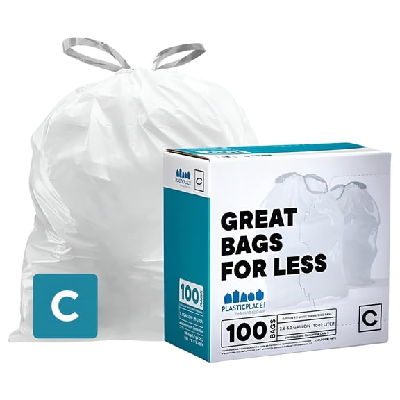 Plasticplace Trash Bags, Compatible with simplehuman Code C (100 Count) White Drawstring Garbage Liners 2.6-3.2 Gallon / 10-12 Liter, 14.75" x 20"