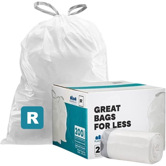 Plasticplace Drawstring Trash Bags, Compatible with simplehuman Code R (200 Count) White Drawstring Garbage Liners 2.6 Gallon/ 10 Liter 16.5" x 18"