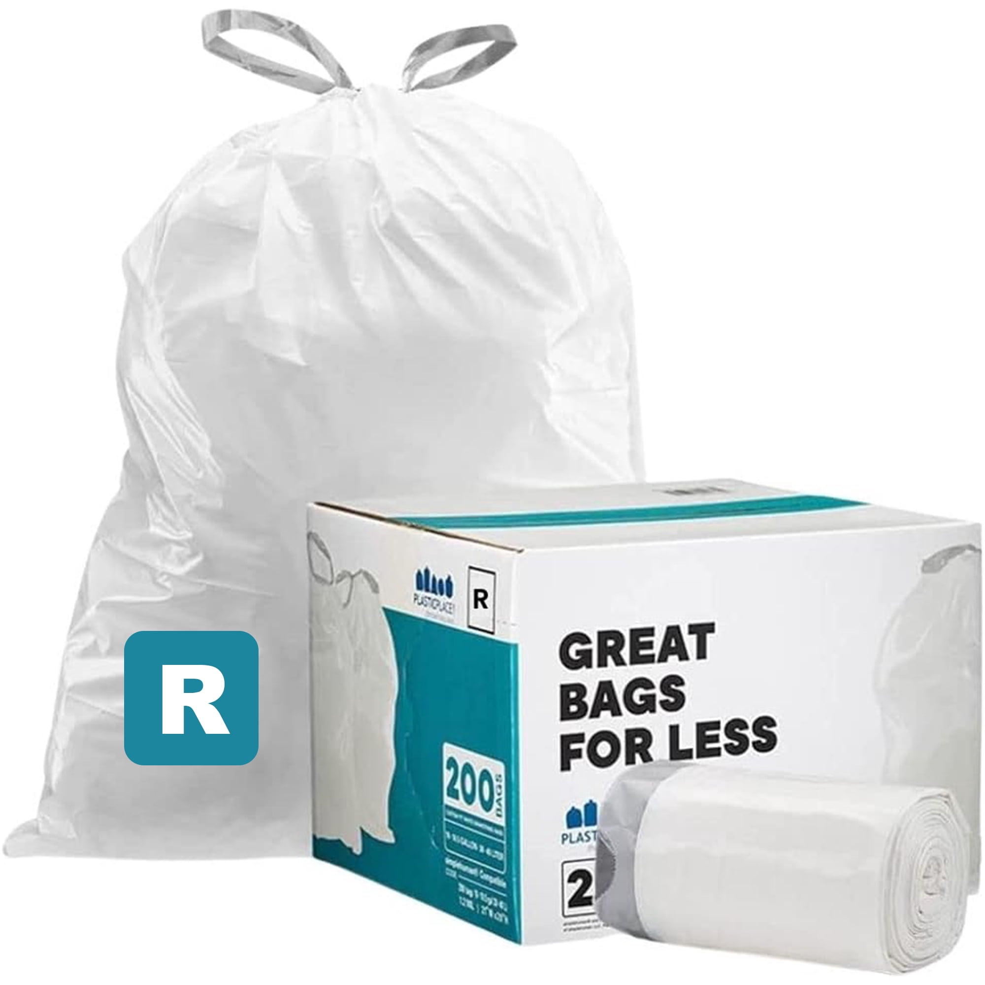 Plasticplace Custom Fit Trash Bags, Compatible with simplehuman Code R (200 Count) White Drawstring Garbage Liners 2.6 Gallon/ 10 Liter 16.5" x 18"