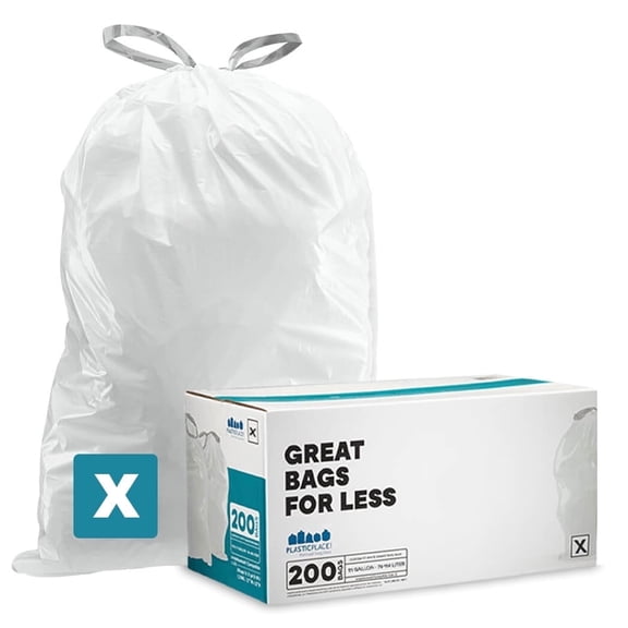 Plasticplace Drawstring Trash Bags, Compatible with simplehuman Code X (200 Count) White Drawstring Garbage Liners 21 Gallon/ 80 Liter, 26" x 24.5"