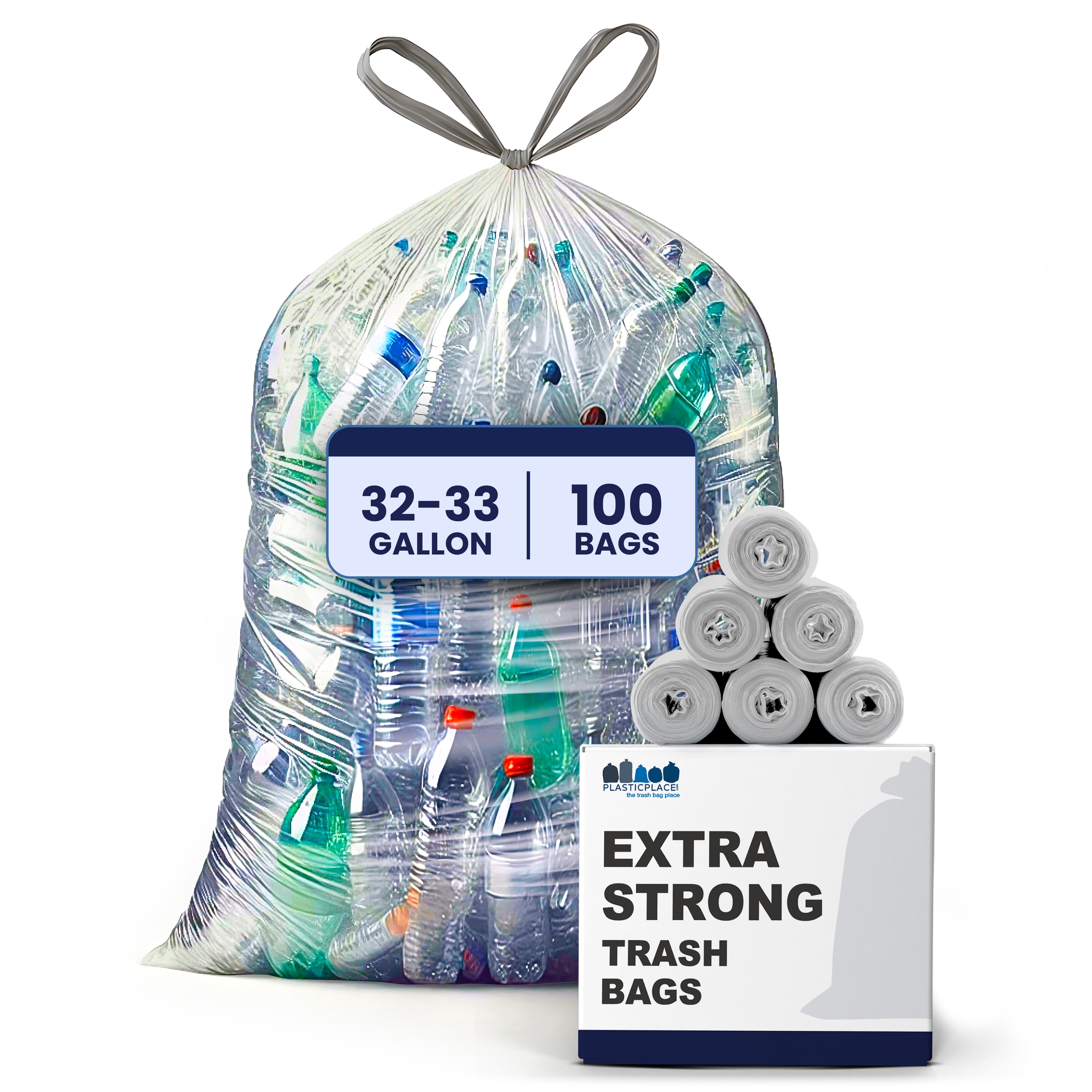 Plasticplace 32-33 Gallon Recycling Bags │ 0.9 Mil │ Clear Drawstring Garbage Can Liners │ 33" x 38" (100 Count)