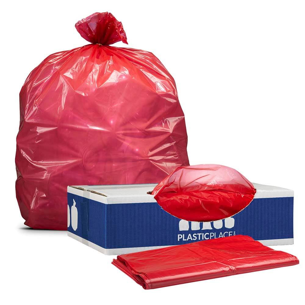 PlasticMill 33 Gallon Garbage Bags: Red, 1.5 mil, 33x39, 100 Bags.