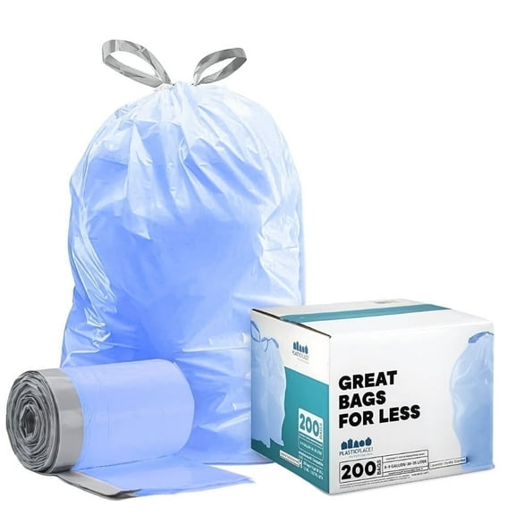 Plasticplace Custom Fit Trash Bags, Compatible with simplehuman Code V (100 Count) Tinted Blue Drawstring Garbage Liners 4.2-4.8 Gallon, 14.5" x 28"