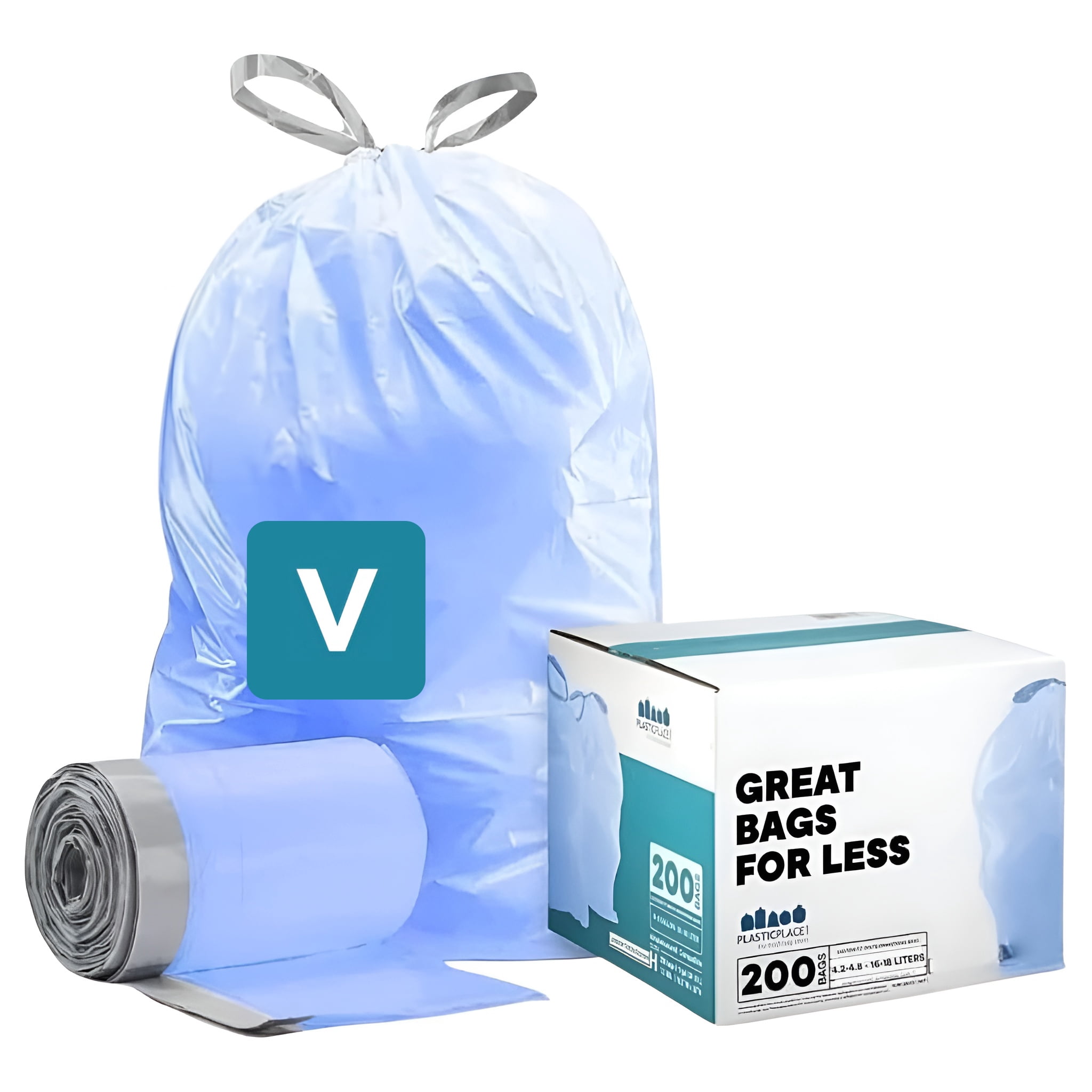 Plasticplace Custom Fit Trash Bags, Compatible with simplehuman Code V (200 Count) Tinted Blue Drawstring Garbage Liners 4.2-4.8 Gallon, 14.5" x 28"