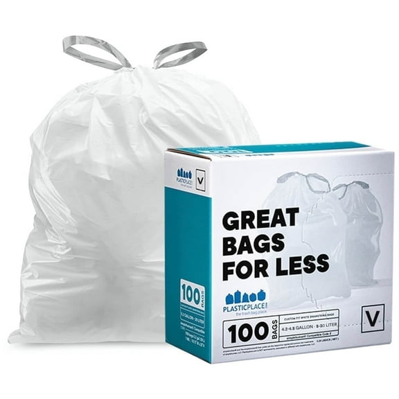Plasticplace Custom Fit Trash Bags, Compatible with simplehuman Code V (100 Count) White Drawstring Garbage Liners 4.2-4.8 Gallon/ 16-18 Liter, 14.5" x 27.5"