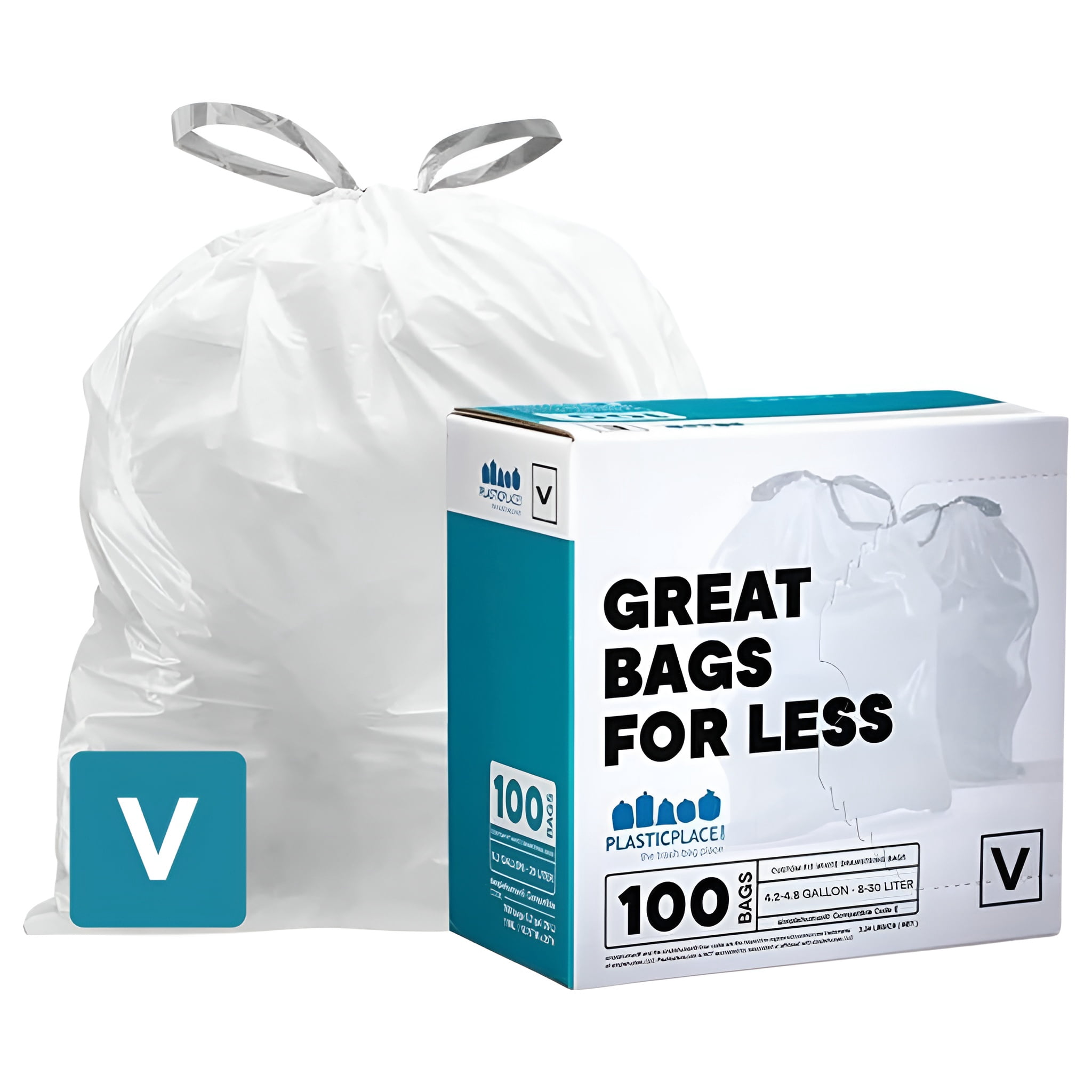 Plasticplace Custom Fit Trash Bags, Compatible with simplehuman Code V (100 Count) White Drawstring Garbage Liners 4.2-4.8 Gallon/ 16-18 Liter, 14.5" x 27.5"