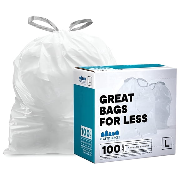 Plasticplace Custom Fit Trash Bags, Compatible with Simplehuman Code L (100 Count) White Drawstring Garbage Bags Liners 4.8 Gallon, 16.75" x 24.5" Unscented Trashbags Heavy Duty Home Essentials Large