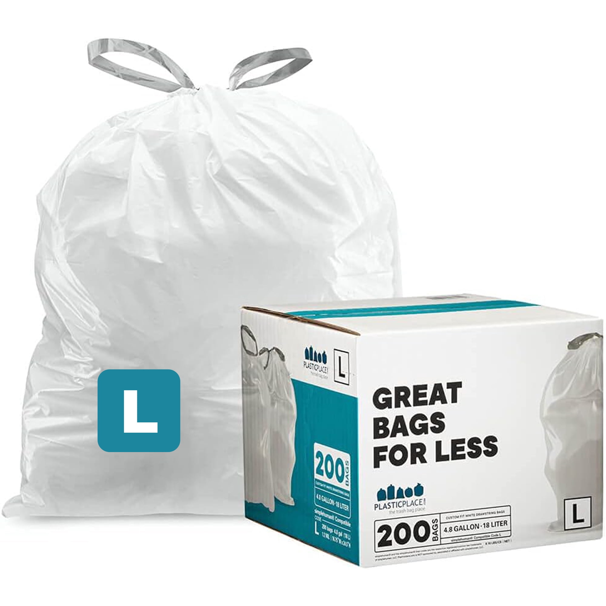 Plasticplace Custom Fit Trash Bags, Compatible with Simplehuman Code L (200 Count) White Drawstring Garbage Liners 4.8 Gallon / 18 Liters, 16.75" x 24.5"