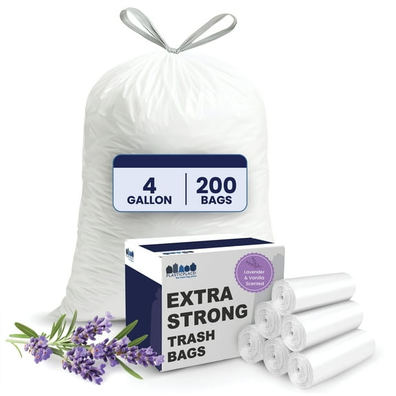 Plasticplace 4 Gallon Trash Bags │ 0.7 Mil │ Lavender and Soft Vanilla Scented Garbage Can Liners │ 17" x 16" (200 Count)