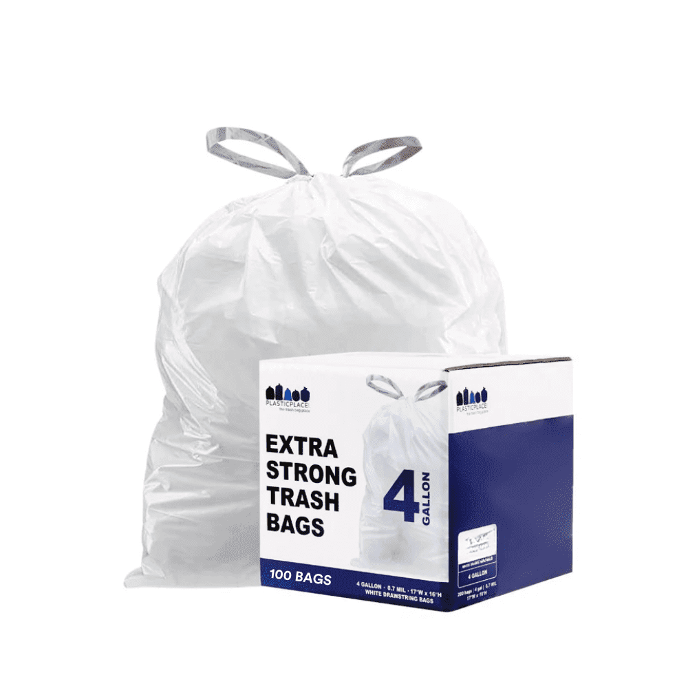 Plasticplace 4 Gallon White Drawstring Trash Bags, 100 Count