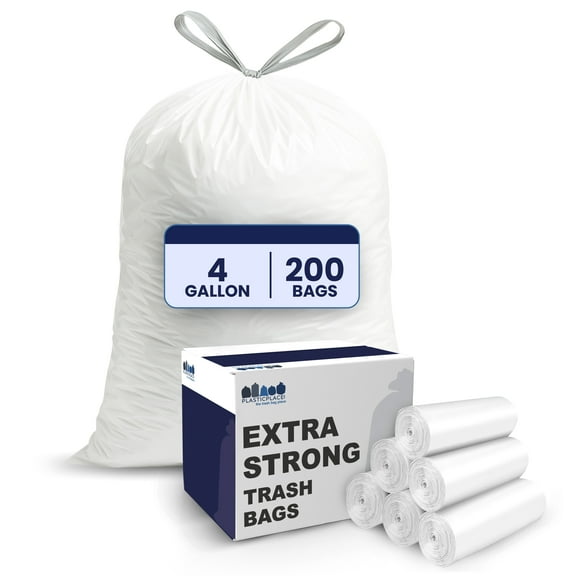 Plasticplace 4 Gallon White Drawstring Trash Bags, Leak-Proof Garbage Liners for Small Trash Can, Bathroom, Kitchen, Office, and Car Use 200 Count (Pack of 1) – 0.7 Mil
