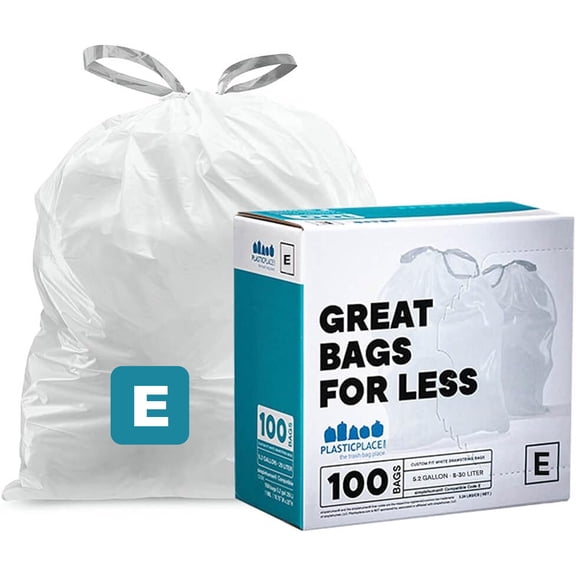 Plasticplace Custom Fit Trash Bags, Compatible with simplehuman Code E (100 Count) White Drawstring Garbage Liners 5.2 Gallon / 20 Liter, 18.5" x 20"
