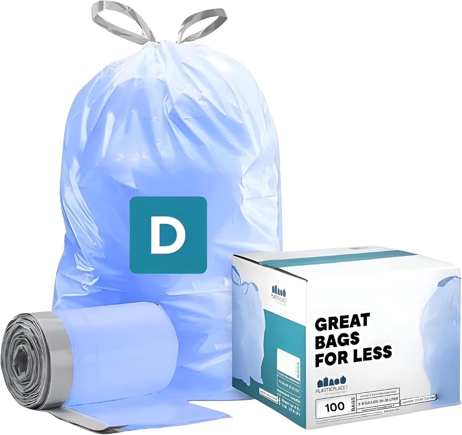 Plasticplace Custom Fit Trash Bags, Compatible with simplehuman Code D (100 Count) Tinted Blue Drawstring Garbage Liners 5.3 Gallon / 20 Liter, 15.75" x 28"