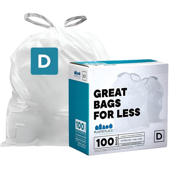 Plasticplace Drawstring Trash Bags, Compatible with simplehuman Code D (100 Count) White Drawstring Garbage Liners 5.3 Gallon / 20 Liter, 15.75" x 28"
