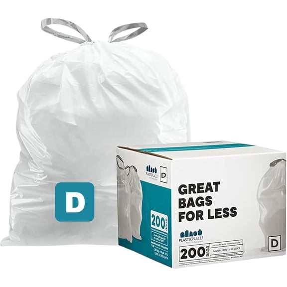 Plasticplace Trash Bags, Compatible with simplehuman Code D (200 Count) White Drawstring Garbage Liners 5.3 Gallon / 20 Liter, 15.75" x 28"