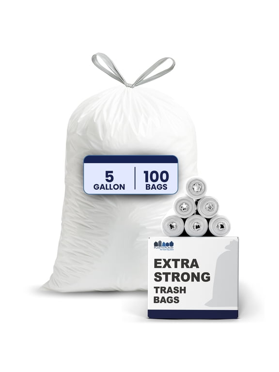 5 Gallon Trash Bags - White Drawstring Garbage Bag Liners, 19" x 25" (100 Count) – Durable, Leak-Proof, Multi-Purpose Tall Kitchen, Bathroom, Office and Car TrashBag Plastic Bags 0.9 Mil
