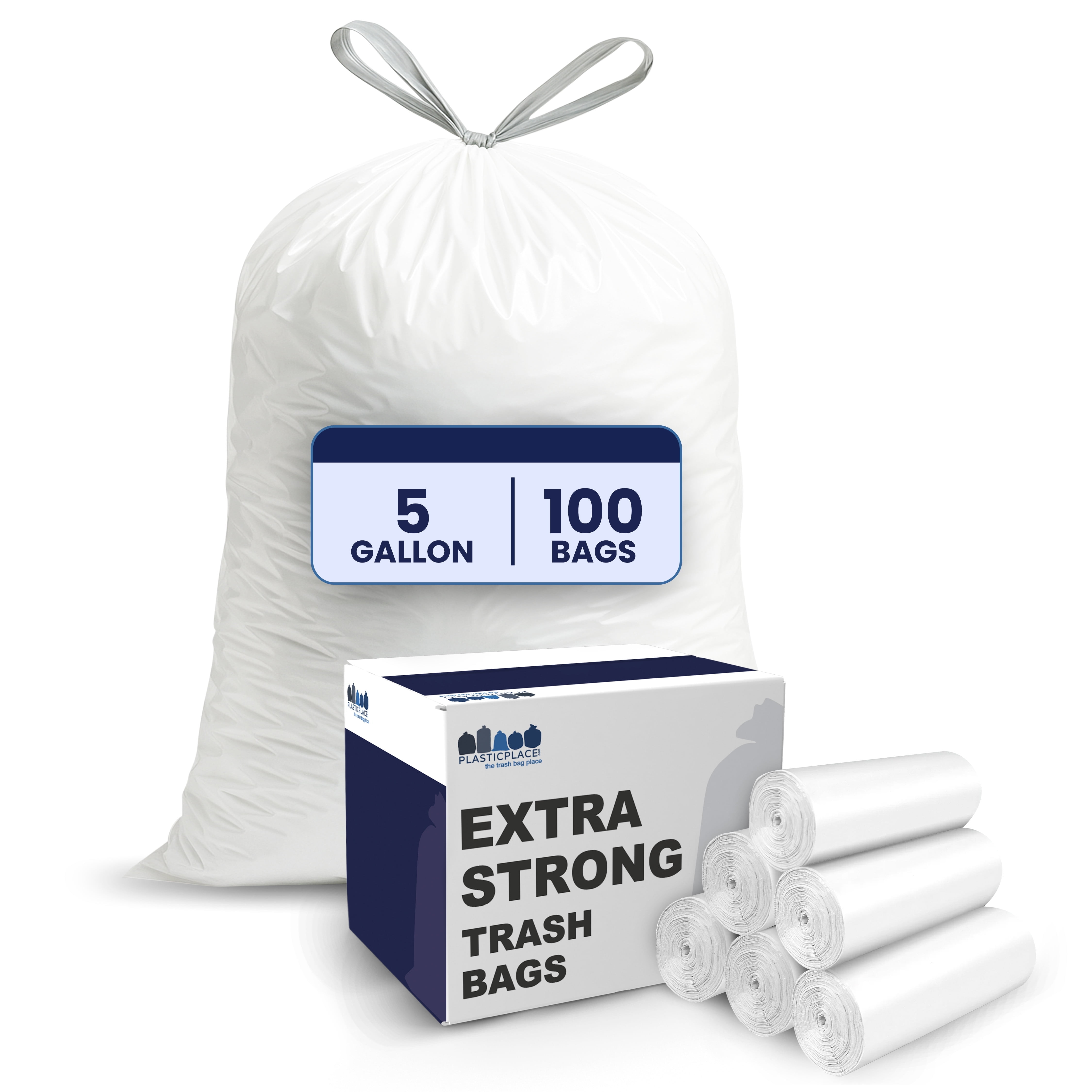 Plasticplace 5 Gallon White Drawstring Trash Bags, 0.9 Mil, 19" x 25" Garbage Liners, 100 Count