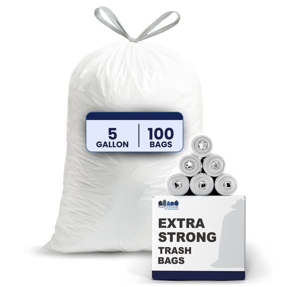 Plasticplace 5 Gallon Trash Bags - White Drawstring Garbage Bag Liners, 19" x 25" (100 Count) Durable, Leak-Proof, Multi-Purpose Tall Kitchen, Bathroom, Office and Car TrashBag Plastic Bags 0.9 Mil